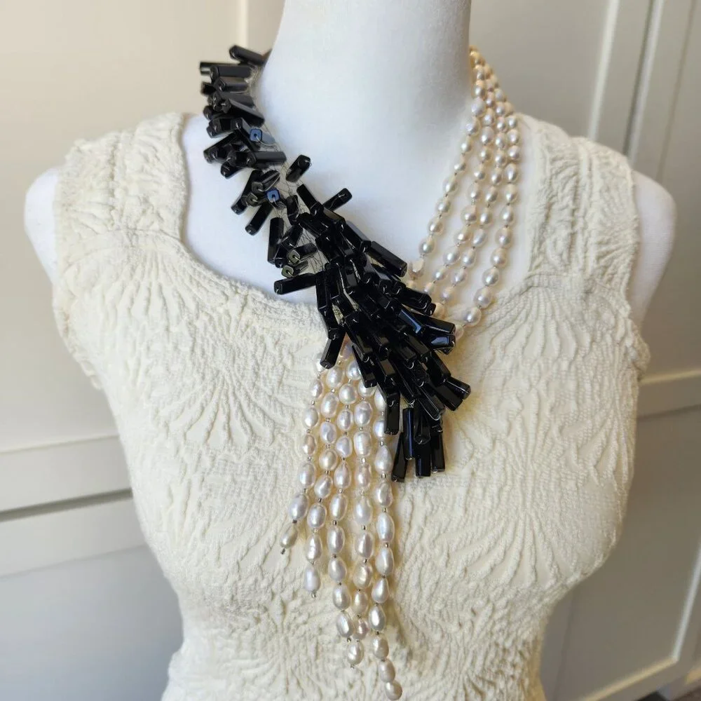 Beaded Black White Statement Necklace Bold Chunky Glam Elegant Office Siren - Picture 3 of 8